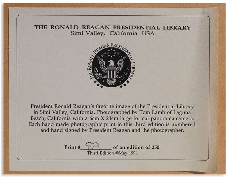 Ronald Reagan Signed Panoramic Photo of His Presidential Library -- Unusually Signed by Reagan Under the Presidential Seal